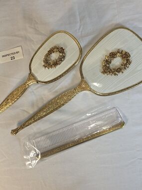 VTG 3 Pc Vanity Set NIB  1950's Mirror Brush Comb Antique Gold Finish MCM